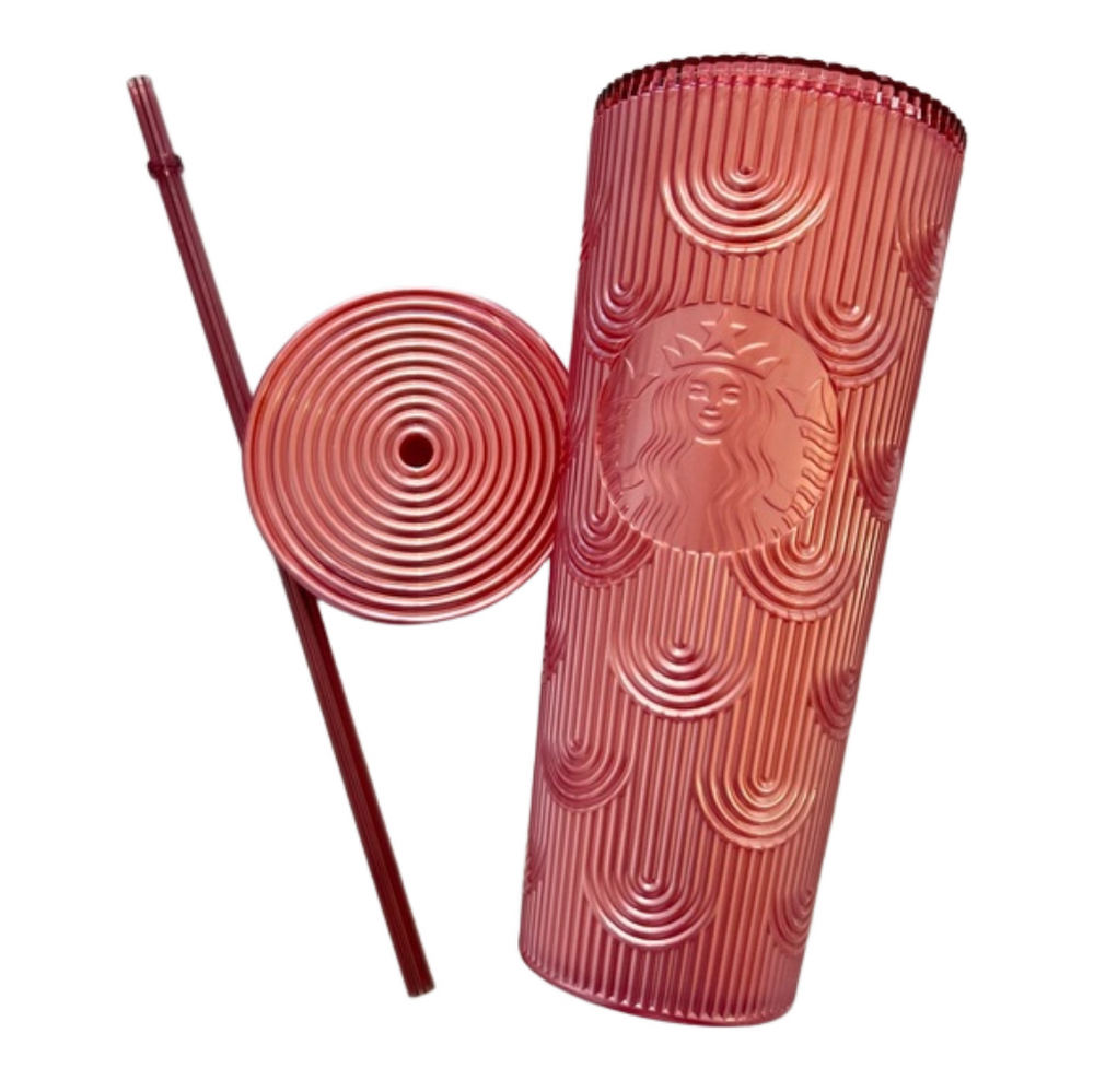 Starbucks 24oz 2022 Pink Pearlescent Grooved Siren Cold Drink Cup Straw Lid